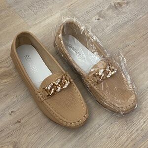 Tan Loafers with Gold Chain Detail